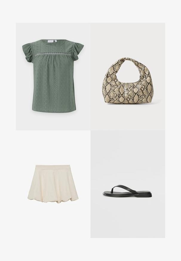 Vihreä lyhythihainen paita, joka on valmistettu kevyestä teksturoidusta kankaasta. Paita sisältää kuvioita, joissa on reikätyöyksityiskohtia ja röyhelöhihat.; Hame vaale beige-värinen, pehmeä ja sileä tekstuuri, levenevä muotoilu ja aaltomaisesti leikattu helma. Varustettu leveällä elastisella vyötärönauhoilla mukavuutta varten.; Mustat varvastossut, joissa on sileä nahkapinta, ohut hihna ja litteä pohja, jossa on minimalistinen muotoilu. Ei huomattavia kuvioita tai koristeita.; Käärmeennahkakuosiset käsilaukku, jossa on kaareva kahva. Tehty teksturoiduista beigeistä ja ruskeista materiaaleista, joissa on erottuva timanttikuvio.