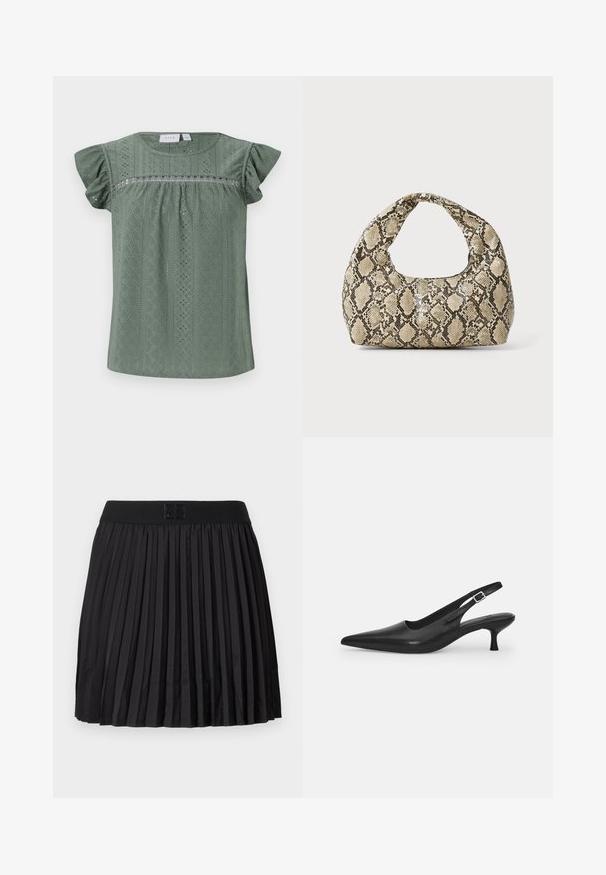 Zaļa īsām piedurknēm blūze, izgatavota no vieglas teksturētas auduma, ar rakstainu dizainu, kas satur acs detaļas un volānu piedurknes.; Melna plātnēta svārku ar gludu tekstūru, ar vienkrāsainu melnu jostas daļu un reljefu logotipa detaļu priekšpusē.; Melnas ādas slīdošās kurpes ar norādītu pirkstu un šauru, izliekta papēdi. Ar diskrētu regulējamu siksniņu ar metāla sprādzi.; Čūsku raksta soma ar izliekto rokturi. Izgatavota no teksturētiem, bēšiem un brūniem materiāliem, ar izteiksmīgu dimanta rakstu.