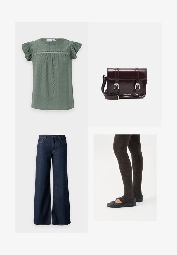Zelená halenka s krátkým rukávem vyrobená z lehkého strukturovaného materiálu, s vzorovaným designem a detaily s prořezáváním, doplněná o volánkové rukávy.; Džínsy s širokými nohavicemi v tmavě modré barvě. Mají kontrastní švy, pět kapes a zapínání na knoflík v pase. Hladká textura.; Černé ploché boty s malou mašlí na špičce, kombinované s tmavě hnědými žebrovanými punčochami. Boty mají hladký povrch a nízký profil.; Burgundská lakovaná křížová taška obdélníkového tvaru, se dvěma popruhy, stříbrnými kovovými doplňky a klopovým uzávěrem.