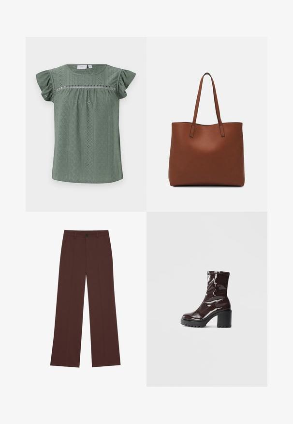 Zielona bluzka z krótkim rękawem, wykonana z lekkiego teksturowanego materiału, z wzorzystym designem, ozdobiona detalami w formie oczek i falbanowymi rękawami.; Szerokie spodnie w bogatym brązowym materiale. Posiadają zapięcie na guzik, dwie przednie kieszenie, gładką teksturę i proste linie.; Błyszczące bordowe botki za kostkę z masywną czarną obcasem, charakteryzujące się gładką teksturą i prostym wzornictwem. Brak widocznych zapięć lub wzorów.; Brązowa skórzana torba tote o gładkiej fakturze, z otwartym wierzchem i dwoma ramiączkami. Charakteryzuje się minimalnym przeszyciem i brakiem widocznych elementów metalowych.