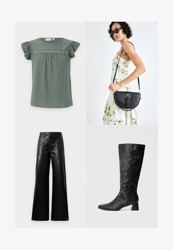 Zaļa īsām piedurknēm blūze, izgatavota no vieglas teksturētas auduma, ar rakstainu dizainu, kas satur acs detaļas un volānu piedurknes.; Melnas augstās jostas platajās kājās sintētiskās ādas bikses ar priekšējo pogu, rāvējslēdzēju, jostas cilpām un sānu kabatām uz baltā fona.; Melnas mid-calf ādas zābakus ar norādītu degunu un blokveida papēdi uz vienkārša gaiša fona.; Melnas ādas rokassoma ar izliekta formu, noņemamu siksnu un zelta aksesuāriem. Somai ir vāciņš ar sprādzes detaļu.