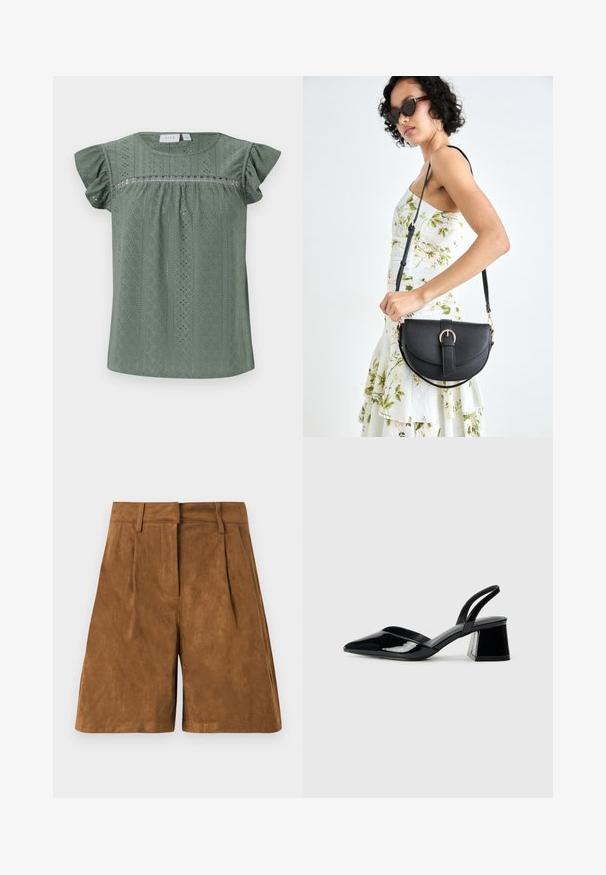 Zelena kratka bluzica od lagane teksturirane tkanine, koja ima uzorak s rupičastim detaljima i volanima na rukavima.; Smeđe suknje od nubuka s glatkom teksturom, s prednjim nabranim detaljima, ravnim pojasom i ravnim krojem.; Crne lakirane kožne sandale s otvorenom petom i špicastim vrhom, s geometrijskom blok petom. Imaju elegantan, minimalistički dizajn i glatku teksturu.; Crna kožna torba s lukovitim oblikom, odvojivim remenom i zlatnim detaljima. Torba ima preklop s kopčom.