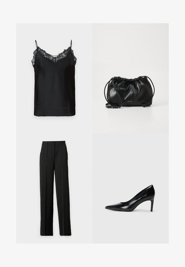 Camisole negru cu bretele subțiri și ajustabile, dantelă pe de-a lungul gulerului și o textură netedă de satin. Design simplu și elegant.; Pantaloni negri cu croi larg, dintr-un material neted, cu fața plată, mecanisme pentru curea și o croială ajustată, fără buzunare.; Pantof de damă din piele neagră, cu toc înalt, vârf ascuțit, textură fină și toc conic. Design minimalist, fără embellishments suplimentare.; Geantă de mână din piele neagră cu un design pliat, închidere cu dublu snur și curea de umăr detașabilă. Prezintă un detaliu cu logo metallic.