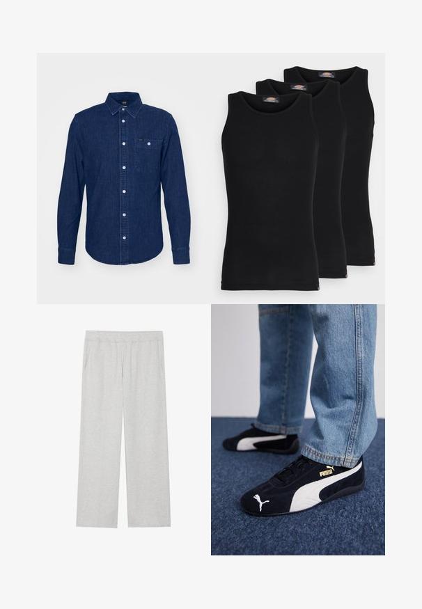 Lee LEESURE  - Vapaa-ajan kauluspaita - maple wash; Mustat hihattomat t-paidat kolmessa paketissa. Ribbed-kudontaa, tavallinen crew-kaarroke, ilman hihoja. Helmaosa sisältää pienen brändilogon alareunassa.; Harmaat, leveät collegehousut, jotka on valmistettu pehmeästä kankaasta. Varusteena joustava vyötärö ja sivutaskut. Sujuva pinta ja siisti muotoilu.; Mustat mokkanahkaiset lenkkarit valkoisilla yksityiskohdilla, joissa on kultainen logo. Yhdistetty vaaleansinisiin farkkusiin ja asetettu tekstuuripintaiseen siniseen taustaan.