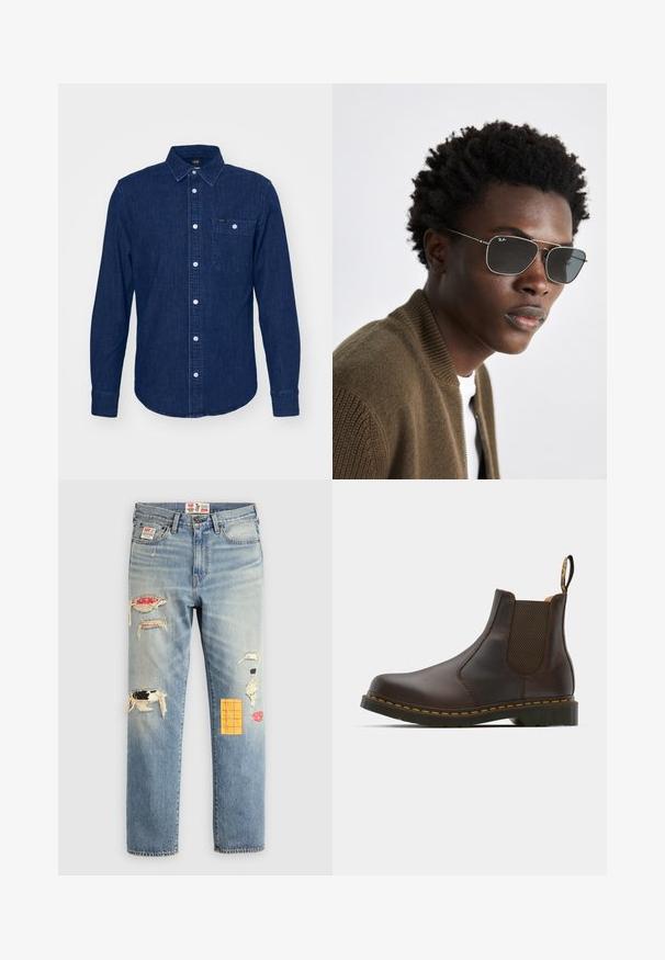 Lee LEESURE - Button down-skjorte - maple wash; Lys blå denimjeans med en avslappet passform, med slitte lapper i forskjellige farger og mønstre, inkludert oransje og røde accenter.; Brune lær Chelsea støvle med elastiske sidepaneler, teksturert hæl og kontrastfarget gul søm. Har en løfletapp for enkel påkledning.; Solbriller med en sølvfarget metallramme, aviatorform og mørke tonede glass. Stylet med en rødstripet brun bomberjakke.