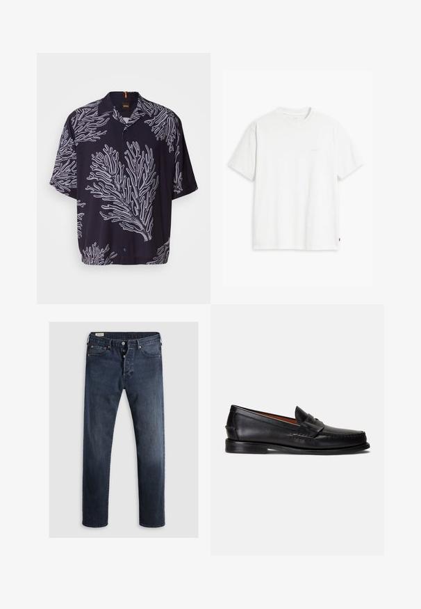 Īsām piedurknēm melna krekla, kuram ir baltas koralām līdzīgas formas, pogu priekšpuse un smails apkakle. Mīksts audums ar relaksētu piegriezumu.; Balts kokvilnas T-krekls ar īsām piedurknēm un apaļu kakla izgriezumu, priekšpusē redzama smalka gaišas krāsas "Levi's" logo.; Tumši zils denim džinsu bikses ar taisnu kāju griezumu, ar rāvējslēdzēju, metāla pogām un vara kniedēm. Viegla tekstūra, nav redzamu rakstu.; Melni ādas loaferi ar gludu apdari, apaļu purngalu un dekoratīvu joslu pāri augšdaļai. Aprīkoti ar zemu melnu zolīti.