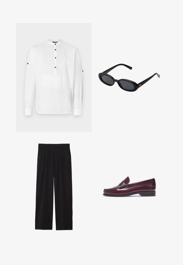 Camicia di lino bianco con colletto alla francese, maniche lunghe e dettagli in bottone nero sul davanti e sui polsini. Presenta una vestibilità morbida.; Pantaloni neri a gamba larga con frontale plissettato, tasche laterali e una texture di tessuto liscia. Progettati per un fit comodo.; Mocassino in pelle bordeaux con punta tonda, dettagli cuciti e un piccolo accentu decorativo sulla tomaia. Suola piatta in contrasto.; Occhiali da sole neri oversize con lenti ovali, montatura in plastica liscia e accenti dorati sulle tempie. Le lenti scure offrono protezione dal sole.