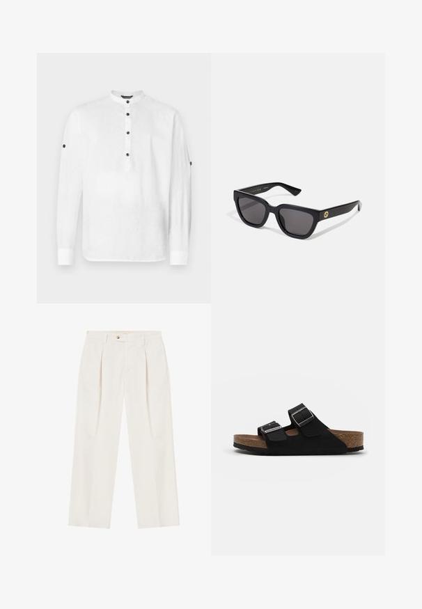 Witte linnen blouse met een bandkraag, lange mouwen en zwarte knopen op de voorkant en de manchetten. Heeft een ontspannen pasvorm.; Witte, wijde broek met plooien aan de voorkant, een enkele knoopsluiting en zijzakken. Glad textuur en op maat gemaakt ontwerp.; Zwarte suède sandalen met twee verstelbare banden, zilveren gespen en een kurken voetbed. Heeft een gestructureerde zwarte zool voor grip.; Zwarte rechthoekige zonnebril met een glanzende afwerking, donkere lenzen en goudkleurige accenten op de poot met het logo.; Zwarte leren tote bag met reliëfletters op het oppervlak, voorzien van twee stevige handvatten en een ruime, ongestructureerde vormgeving.