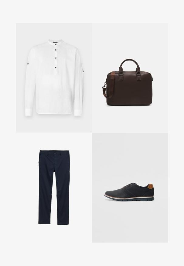 Camisa de lino blanca con cuello de banda, mangas largas y detalles de botones negros en la parte delantera y los puños. Tiene un corte holgado.; Pantalones ligeros azul marino con una textura suave, diseño de pierna recta, cierre de botón y bolsillos laterales.; Zapatos sintéticos negros con un upper texturizado, acentos lisos, tacón marrón y una suela en contraste. Presenta un cordón mínimo y detalles de costura.; Bolso de cuero marrón para portátil con una superficie texturizada, dos asas superiores, correa ajustable y dos hebillas en el frente para un detalle adicional.