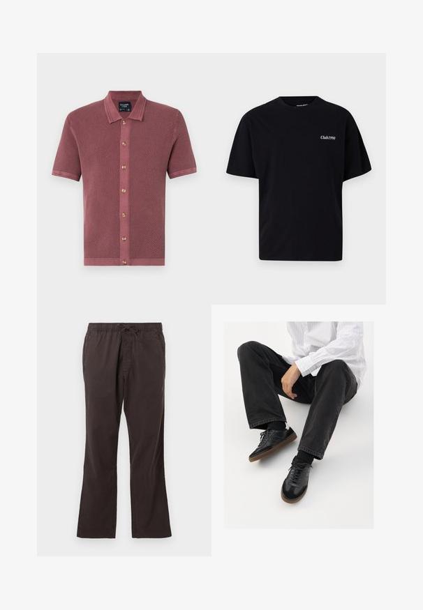Kurzärmliges, strukturiertes Polohemd in staubigem Rosé, mit einer Knopfleiste aus Holzknöpfen und einem kontrastierenden Kragen.; Schwarzes Baumwoll-T-Shirt mit Rundhalsausschnitt und kurzen Ärmeln. Mit weißem Text 'Club1990' im linken Brustbereich. Einfaches, unauffälliges Design.; Dunkelbraune Hose mit elastischem Bund und Kordelzug, mit geradem Bein und glattem, strukturiertem Stoff.; Schwarze Sneakers mit einer glatten und strukturierten Oberfläche, ausgestattet mit einer Gummisohle und dunklen Schnürsenkeln. Kombiniert mit schwarzen Jeans und einem gestreiften weißen Hemd.