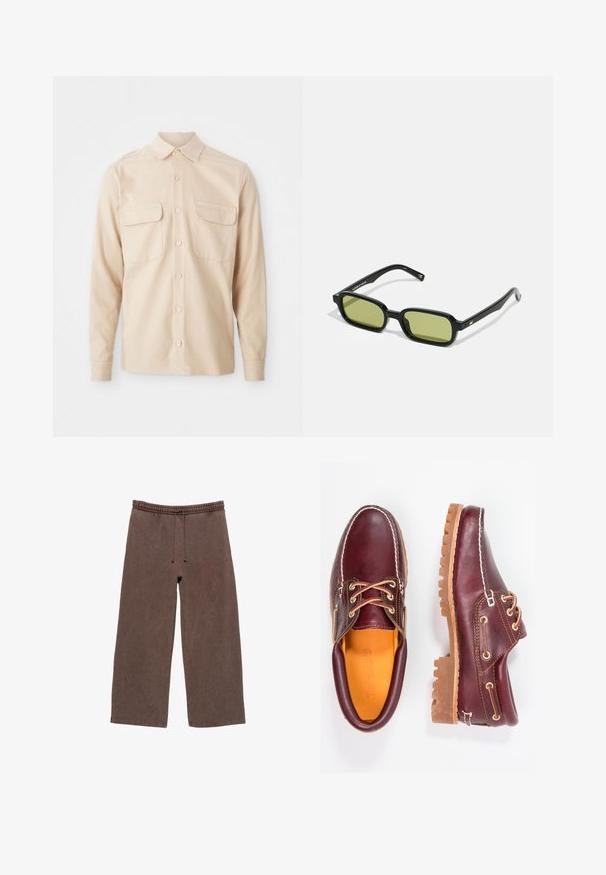 Beige långärmad skjorta i vävd tyg, med två bröstfickor, spetsig krage och knäppning framtill. Slät textur.; Bruna bomullsmjukisar med elastisk midja, justerbar dragsko, vida ben och minimal sömdetalj.; Burgundy läderskor med bruna gummisulor, rund tå, vit söm och gyllene öljetter. Inredningen har en gul foder.; Svarta solglasögon med en vinkelräknad design, grönt tonade linser och släta plastbågar. Har guldfärgade detaljer vid bågarna.