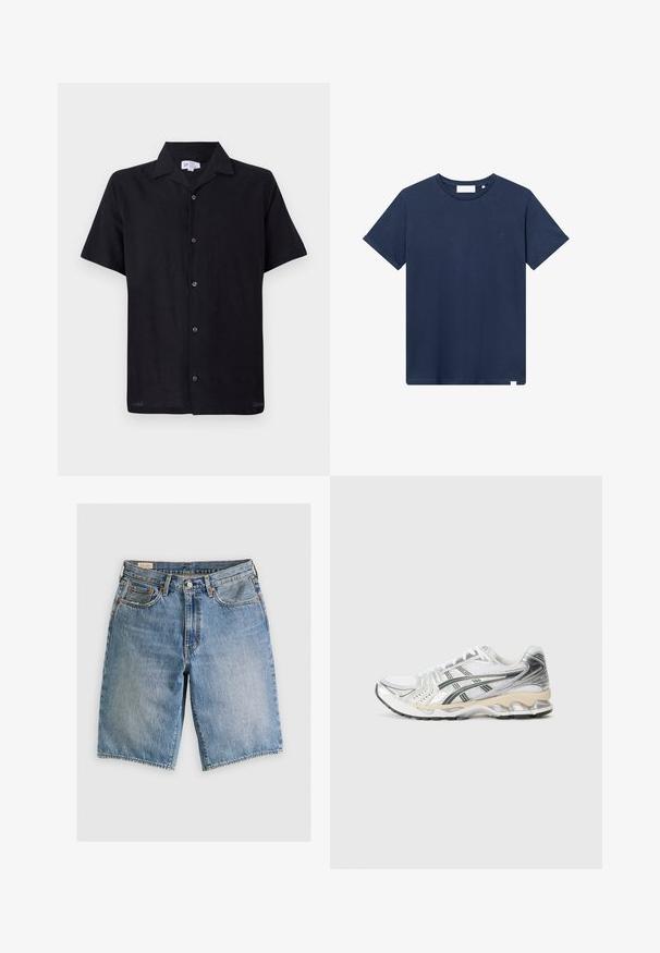 Sort kortærmet skjorte lavet af let vævning. Har en krave og frontåbning med fem knapper nedad i midten.; Mørkeblå bomulds-T-shirt med rund halsudskæring, korte ærmer og et lille broderet logo på venstre bryst. Glat tekstur.; Lyseblå denimshorts med klassisk snit. Har fem lommer, orange stikninger og rå skærmkanter.; Hvide atletiske sko med sølv- og sorte detaljer, mesh-overdel, struktureret design, polstret sål og et fleksibelt mønster på sålen.