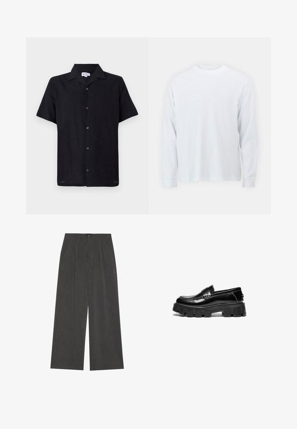 Černá košile s krátkým rukávem vyrobená z lehkého materiálu. Obsahuje límec a zapínání na pět knoflíků uprostřed.; Bílá mikina s dlouhým rukávem vyrobená z bavlny, se spodním lemem a kulatým výstřihem. Hladká textura, jednoduchý design bez vzorů nebo akcentů.; Kalhoty s širokými nohavicemi z tmavě šedé tkaniny, s nařaseným předním dílem, dvěma postranními kapsami a plochým pasem. Hladká textura a precizní střih.; Černé kožené mokasíny s robustní gumovou podrážkou, ozdobným páskem přes vršek a kontrastním bílým prošíváním. Hladký povrch s kulatou špičkou.