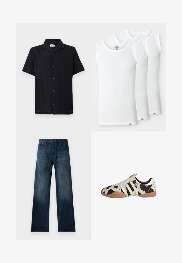 Zwarte korte mouw shirt van lichtgewicht stof. Heeft een kraag en een voor sluiting met vijf knopen in het midden.; Drie witte tanktops van ribgebreide katoen. Elke top heeft een ronde halslijn en een klein logo-label aan de zoom. Klassiek, eenvoudig design.; Donkerblauwe spijkerbroek met een recht model, voorzien van een lichte stof, riemlussen en een klassieke vijf-pocket stijl.; Witte en zwarte leren schoenen met een patroon en een textuurafwerking, met drie witte horizontale strepen en een bruine rubberen zool.
