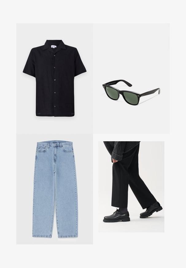 Schwarzes Kurzarmhemd aus leichtem Stoff. Verfügt über einen kragenlosen Ausschnitt und eine Frontknopfleiste mit fünf Knöpfen in der Mitte.; Hellblaue Jeans aus Denim mit geradem Bein, ausgestattet mit einer mittelhohen Taille, fünf Taschen sowie einem Knopf- und Reißverschluss.; Schwarze Lederschuhe mit einer runden Spitze, Schnürdesign und dicker, strukturierter Sohle. Getragen mit maßgeschneiderten schwarzen Hosen und einem gerippten Pullover.; Schwarze Plastiksonnenbrille mit grünen Gläsern, quadratischen Rahmen, silbernem Akzent auf der Augenbraue und strukturierten Bügeln. Angegebene Marke auf dem inneren Bügel.