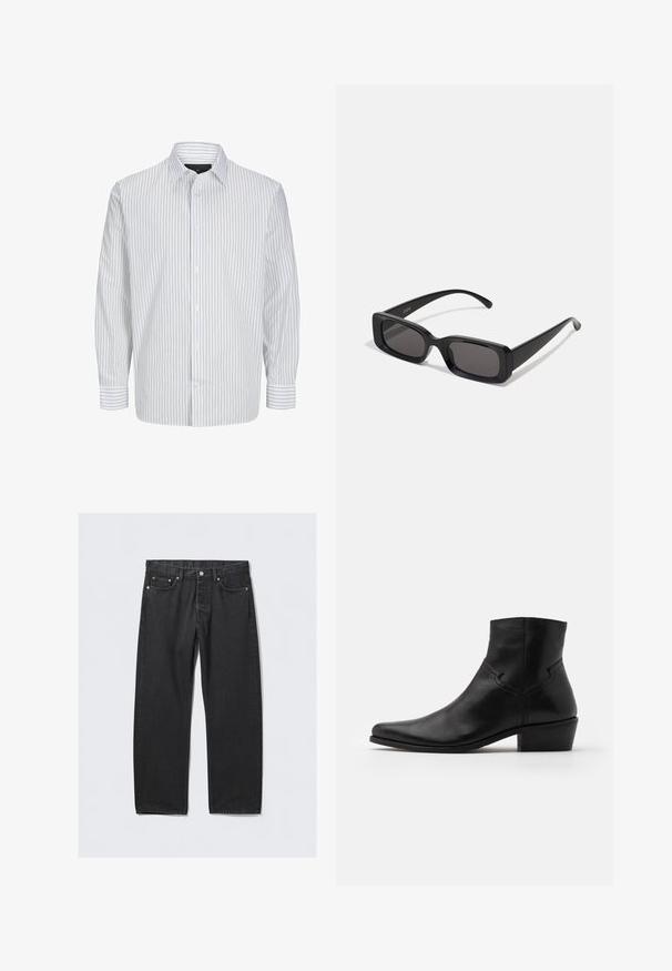 Long-sleeve button-up shirt in white with narrow vertical navy stripes. Features a classic collar and button front. Made from lightweight fabric.; Black denim jeans with a straight-leg cut, featuring a button fly, five pockets, and copper-toned hardware accents. Smooth texture.; Black leather ankle boot with a pointed toe, minimal stitching details, a mid-height block heel, and a smooth, polished finish.; Black rectangular sunglasses with dark lenses, glossy finish, wide arms, and a chunky frame design. Engraved brand name on one arm.