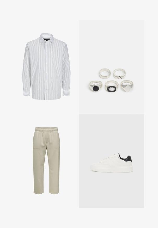 Pitkähihainen nappipaitapusero valkoisena, jossa kapeita pystysuoria laivastonsinisiä raidallisia yksityiskohtia. Puserossa on klassinen kaulus ja napitus edessä. Valmistettu kevyestä kankaasta.; Beige puuvillaiset collegehousut, joissa on joustava vyötärö, kaksi etutaskua ja suora lahjesuunnittelu. Tasainen pinta, jossa on vähäiset ompeluyksityiskohdat.; Valkoiset nahkakengät, joissa on kohokuviointi, teksturoitu valkoinen välipohja ja musta kantakappale. Ominaisuuksiin kuuluu pyöreä kärki ja tasaiset nauhat.; Viisi hopeista rengasta: yksi mustalla pyöreällä yksityiskohdalla, yksi valkoisella ja mustalla geometrisella kuviolla, ja muut eri muodoilla ja viimeistelyillä.