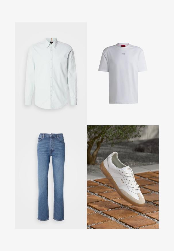 Világoskék gombos ing, amely pamutból készült, hosszú ujjakkal, klasszikus gallérral és egy kis logóval a mellkasán. Puha tapintású.; Fehér, rövid ujjú, kerek nyakú pamut póló, fekete "HUGO" logóval a mellkason. Simára ölbe simuló anyag, laza fazon, minta nélkül.; Kék farmernadrág magas derékkal, egyenes szabású dizájnnal és enyhe kopással. Jellemzője az klasszikus öt zsebes kialakítás és cipzáras zárás.; Fehér bőr sneaker, bézs velúr részletekkel, kerek orral, fűzős elemmel és barna gumitalppal, a "BOSS" márkanevével.