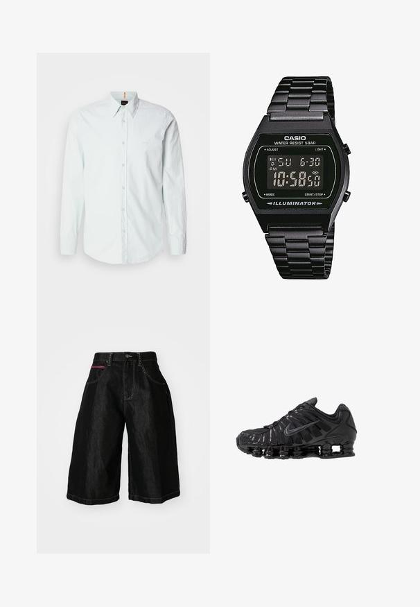 Vaaleansininen nappikauluspaita, joka on valmistettu puuvillasta, pitkät hihat, klassinen kaulus ja pieni logo rinnassa. Pehmeä kangas.; Mustat farkkushortsit, joissa on leveät lahkeet, viisi taskua, napitus ja hyvin näkyvä ommel. Yhdessä taskussa on punainen yksityiskohta.; Mustat urheilukengät, jotka on valmistettu verkkokankaasta ja synteettisistä materiaaleista. Niissä on erottuva aaltoileva kuvio, musta kumipohja ja heijastavia yksityiskohtia.; Digitaalinen rannekello mustalla ruostumattomasta teräksestä valmistetulla hihnalla, neliön muotoinen musta kellotaulu, valkoiset numerot, vedenkestävä jopa 5 baarin syvyyteen ja valaisutoiminto.