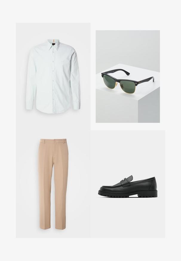 Camicia azzurra chiara button-down in cotone, con maniche lunghe, colletto classico e un piccolo logo sul petto. Tessuto morbido.; Pantaloni beige realizzati in tessuto liscio, con un design a gamba dritta, chiusura frontale con bottone e dettagli di pieghe sottili lungo la parte anteriore.; Mocassini in pelle nera con punta rotonda, caratterizzati da un design cucito, suola piatta bassa e un battistrada in gomma testurizzata e scolpita.; Occhiali da sole Ray-Ban con lenti verdi, montatura in plastica nera e dettagli dorati ai bordi. Forma quadrata con finitura opaca.
