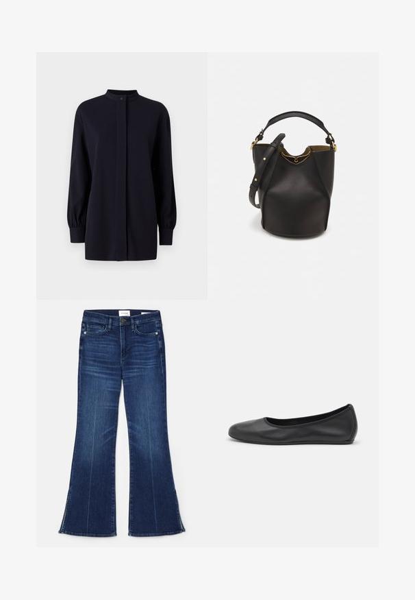 Dark navy blouse, featuring a high collar, long puff sleeves, and a central button closure. Made from smooth, lightweight fabric.; Dark blue flared jeans made from denim. Features a high waist, front pockets, and slit details at the hem. Classic five-pocket design.; Black leather ballet flat with a rounded toe, smooth texture, minimal stitching detail, and a flexible sole design.; Black leather bucket bag with a textured finish, gold hardware accents, and an open top. Features a short handle and adjustable shoulder strap.