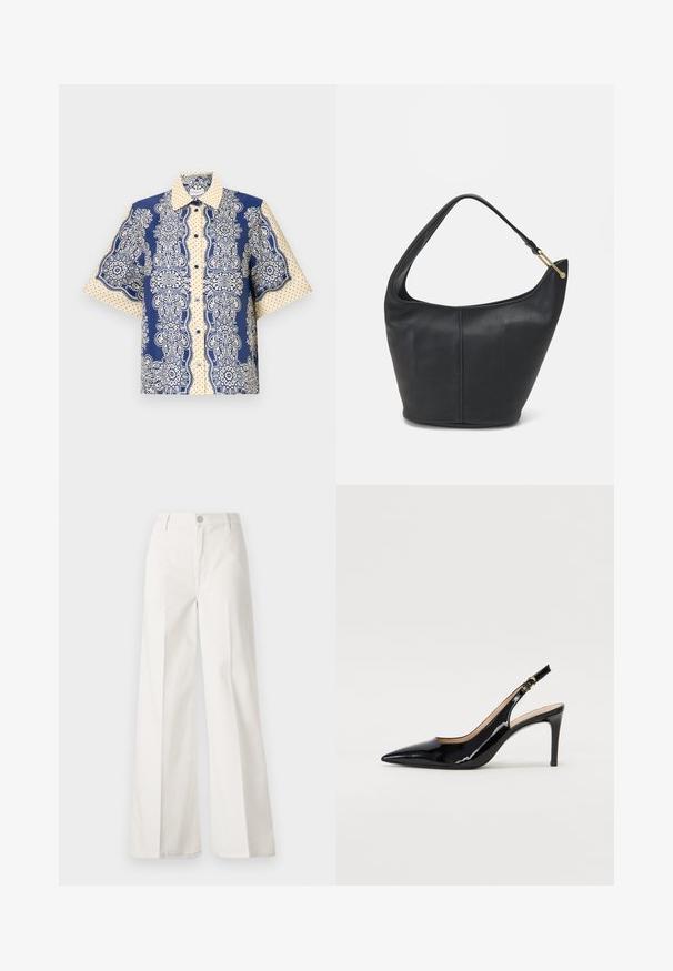 Koszula z krótkim rękawem, ozdobiona granatowym i kremowym wzorem paisley z kropkowanymi akcentami, z zapięciem na guziki z przodu oraz klasycznym kołnierzykiem.; Białe spodnie typu wide-leg wykonane z bawełny o gładkiej fakturze. Posiadają zapięcie na guzik z przodu, zamek błyskawiczny oraz cztery kieszenie.; Czarne lakierowane szpilki typu slingback z szpiczastym noskiem, smukłym obcasem i subtelnym wycięciem. Posiadają złotą klamrę na pasku.; Czarna skórzana torebka o okrągłym kształcie, z szerokim paskiem i teksturowanym wykończeniem. Posiada subtelny detal szwu i akcenty w odcieniu złota.