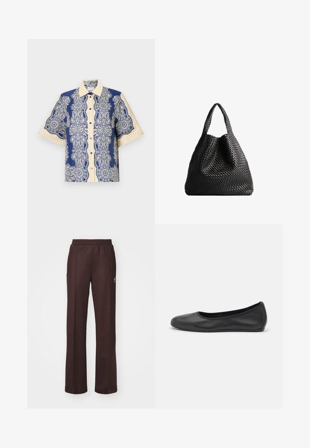 Īsām piedurknēm krekls ar tumši zilu un krēmkrāsas paisley rakstu ar punktveida akcentiem, ar pogām aizdari un klasisku apkakles dizainu.; Brūni sporta bikses ar elastīgu jostu, divām sānu kabatām un mazu logo kreisajā pusē, izgatavotas no mīksta auduma.; Melna ādas baleta kurpe ar noapaļotu purngalu, gludu tekstūru, minimālu šuvju detalizāciju un elastīgu zoles dizainu.; Melnā austā soma ar divām rokturiem. Mīksta tekstūra, plikuma dizains un liela, noapaļota forma. Nav redzamu aparatūras vai akcentu.