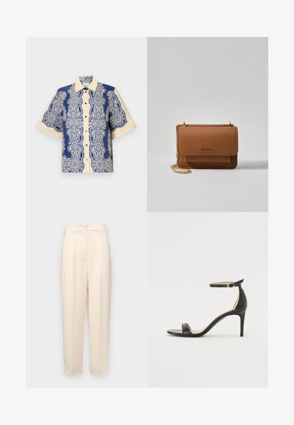 Chemise à manches courtes avec un motif paisley bleu marine et crème, ornée de points, avec un devant à boutons et un col classique.; Pantalons beiges ajustés à coupe droite, avec des plis à l'avant, une texture lisse et une taille mi-haute. Pas de poches visibles.; Sandale à talons hauts en cuir noir avec une lanière de cheville. Présente une texture lisse, un bout ouvert et un talon fin. Détail de boucle en ton doré.; Sac en cuir texturé marron en bandoulière avec une sangle en chaîne dorée et une fermeture à rabat. L'avant présente un détail de logo et une poche sous le rabat.