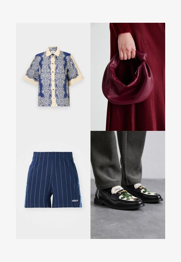 Camicia a maniche corte con un motivo paisley blu navy e crema, dettagli a pois, apertura con bottoni e colletto classico.; Shorts blu scuro con righe bianche, vita elastica e logo Adidas. Presenta accenti blu sui lati, realizzati in materiale misto cotone.; Mocassini neri in pelle con una parte superiore decorativa in tessuto verde e bianco. Presentano un'accento in catena dorata e una suola nera textured.; Borsa in pelle bordeaux con un design morbido e arricciato e una forma arrotondata. Il manico è fissato, mostrando una texture liscia.