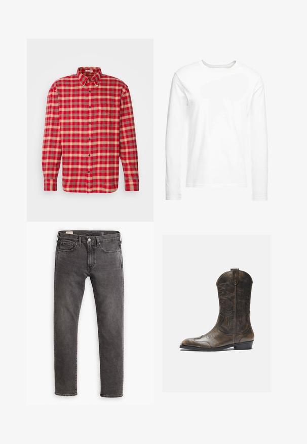 GANT - Koszula; Biała koszulka z długim rękawem, wykonana z miękkiej bawełny. Okrągły dekolt, proste brzegi, bez widocznych wzorów czy grafik.; Szare dżinsy z prostym krojem, pięcioma kieszeniami i zapięciem na guzik. Posiadają delikatne przetarcia oraz tonalne przeszycia.; Brązowy skórzany kowbojski but z wysoką cholewką, spiczastym noskiem, skomplikowanymi wzorami haftu i małym obcasem. Teksturalne wykończenie na całej powierzchni.
