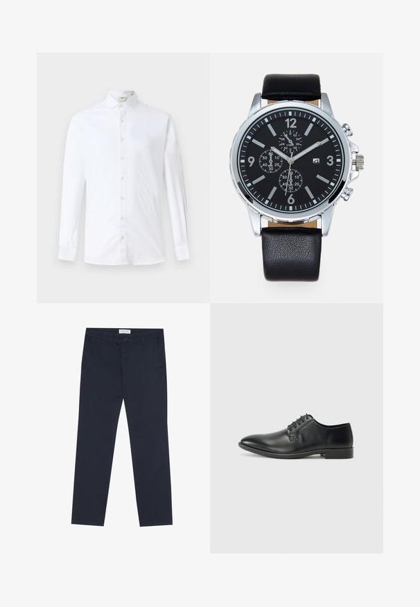 White long-sleeve button-up shirt made of cotton, featuring a classic collar, straight cut, and a smooth texture with matching buttons.; Navy blue chinos made of cotton with a smooth texture, featuring a zip fly, belt loops, and side pockets for functionality.; Black leather lace-up shoes with a smooth finish, pointed toe, and low block heel. Features five pairs of eyelets for laces.; Black leather strap watch with a silver stainless steel case. Black dial features white hour markers, silver hands, and three sub-dials.