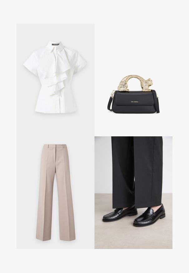 White blouse featuring a collared neckline and short sleeves. Ruffled detailing runs down the center, made from smooth cotton fabric.; Beige wide-leg trousers made from a smooth fabric, featuring a high waist, front pleats, and a tailored silhouette.; Black leather loafers with a smooth finish, stitched detailing around the toe, and a low rubber sole. Paired with wide black trousers.; Black leather handbag with a gold cat-shaped handle, featuring a front flap, adjustable strap, and logo detail on the lower front.