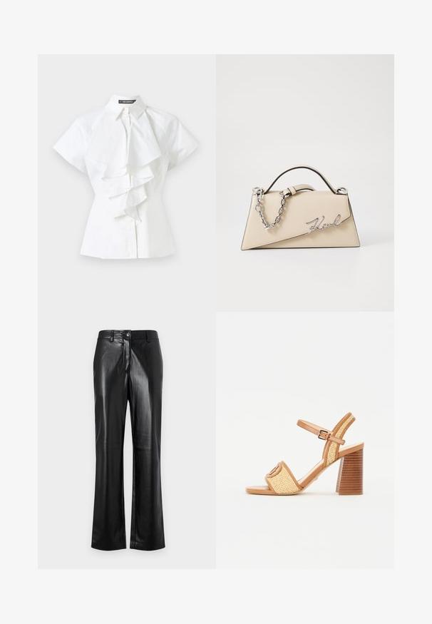 Biela blúzka s golierom a krátkymi rukávmi. Stredom prechádzajú volantové detaily, vyrobená z hladkej bavlnenej látky.; Čierne kožené nohavice so strihom rovného nohu, ktoré majú predné zapínanie na gombík, pútka na opasok a hladkú, lesklú textúru.; Hnedé kožené a tkané slamenné sandále na podpätku, s pásikom okolo členka, otvorenou špičkou a robustným dreveným podpätkom so horizontálnymi pruhmi.; Béžová kožená kabelka so štruktúrovaným trojuholníkovým tvarom, s kovovým strieborným reťazovým uškom a zakriveným logom z kovu.