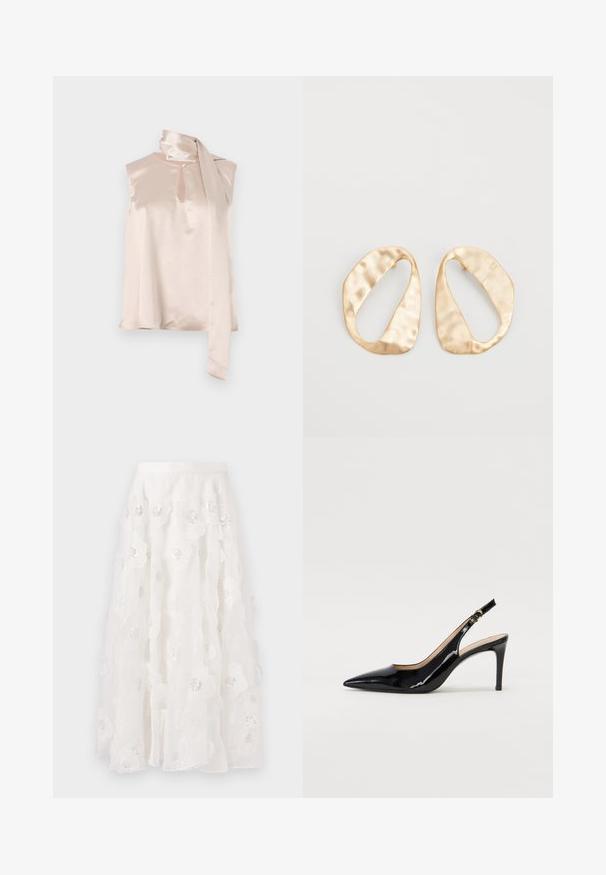 Satin ärmelloses Oberteil in zartem Rosa mit einem Schlüssel-Ausschnitt und einem angenähten, drapierten Schal-Detail an der Schulter. Glatte Textur, minimalistisches Design.; Weißer, knielanger Rock mit floralem Stickmuster und silbernen Pailletten. Leichter, fließender Stoff mit schwingenden Lagen und einem figurbetonten Bund.; Schwarz lackierte Slingback-Pumps mit spitzem Zehenbereich, schlankem Absatz und einem subtilen Ausschnittdesign. Verfügt über eine goldene Schnalle am Riemen.; Ein Paar unregelmäßige, oval geformte Ohrringe aus goldfarbenem Metall mit einer strukturierten, leicht gehämmerten Oberfläche auf weißem Hintergrund.