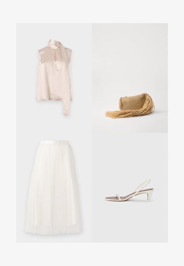 Top senza maniche in satin rosa pallido con scollatura a chiave e un drappeggio attaccato sulla spalla. Texture liscia, design minimalista.; Gonna midi in tulle bianco con una texture morbida e una vita arricciata, caratterizzata da pieghe sovrapposte che creano un design fluido.; Sandali slingback bianchi con un leggero tacco, sottili cinturini e una superficie in pelle liscia; presentano una piccola fibbia decorativa.; Cult Gaia VIERA - Pochette - natural