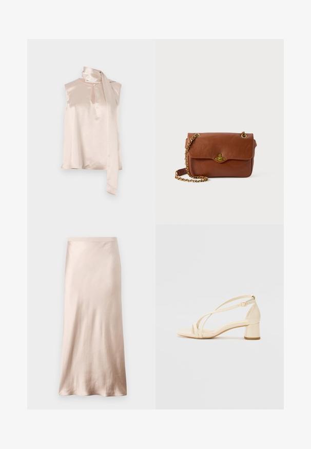 Satin ærmeløs top i lys pink med en nøglehul-halsudskæring og en fastgjort draperet tørklæde-detail på skulderen. Glat tekstur, minimalistisk design.; Satin midi-nederdel i lyse beige, med en tætsiddende talje, glat tekstur og en udvidet nederkant, uden synlige dekorationer eller lommer.; Beige hæle sandaler med blokhæl, remdesign og justerbar ankelrem, lavet af glat syntetisk materiale med en mat finish.; Brun læder crossbody taske med klaplukning, gyldent hardware og kædestrop. Glat tekstur, rektangulær form, minimal detaljering.