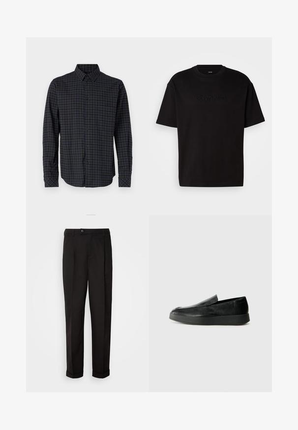 Camicia a maniche lunghe realizzata in tessuto tessuto, con un motivo a quadri blu scuro e verde, chiusura con bottoni sul davanti e colletto a punta.; T-shirt in cotone nero con maniche corte, caratterizzato da un logo "Calvin Klein" in rilievo sul davanti, scollatura rotonda e una vestibilità rilassata.; Pantaloni neri con una texture liscia, con taglio dritto, due tasche anteriori e chiusura con un singolo bottone in vita.; Calvin Klein HYBRID CUP - Scarpe senza lacci - triple black