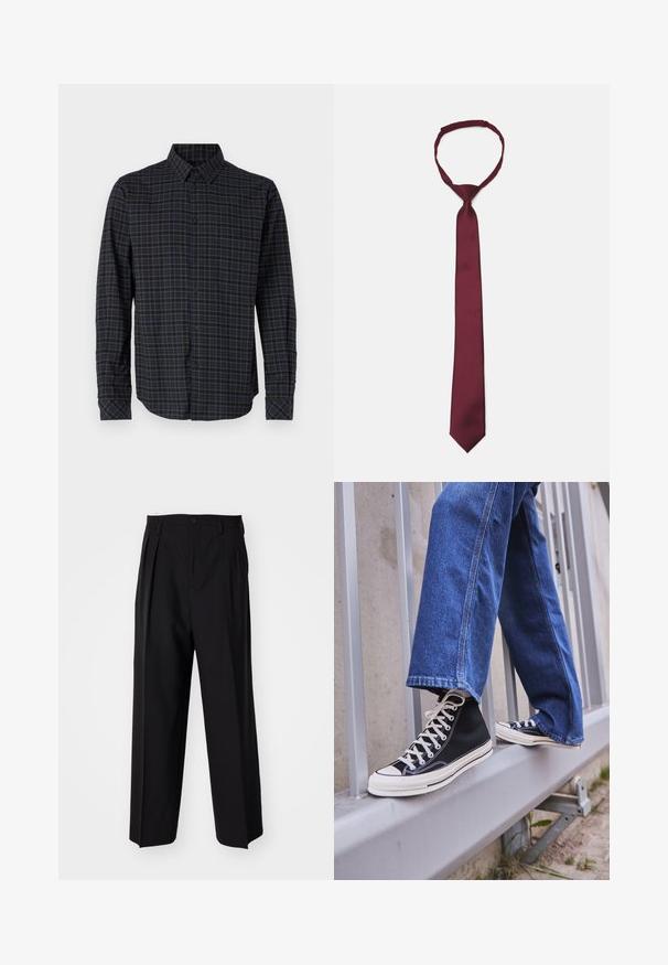 Camicia a maniche lunghe realizzata in tessuto tessuto, con un motivo a quadri blu scuro e verde, chiusura con bottoni sul davanti e colletto a punta.; Pantaloni neri a pieghe con un design dritto e gamba larga. Realizzati in tessuto morbido, con chiusura a bottone e passanti per cintura.; Scarpe da ginnastica nere alte con suola e lacci bianchi, abbinate a jeans di denim blu larghi, appoggiate su un parapetto grigio.; Cravatta in satin bordeaux con una texture liscia, stretto, e punta a punta; presenta un anello per una facile indossatura.
