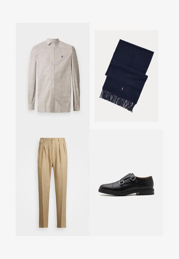 Ilgų rankovių mygtukų marškiniai su smėlio spalvos ir rudos spalvos patikrinimo raštu bei mažuoju išsiuvinėtu tamsiai mėlynu logotipu kairėje krūtinės pusėje.; Bežinės lininės kelnės tiesaus kirpimo, turinčios dvi priekinės klostes, sagų užsegimą ir šonines kišenes. Tekstūruotas audinys su lygiu paviršiumi.; Juodos odinės batų suknelės su dviem sagtimis, apvaliu nosiu, subtiliu siuvinėjimu ir plokščiu, tekstūriniu guminio padu.; Tamsiai mėlynas vilnonis šalikas su kutais ir subtiliu oranžiniu siuvinėtu logotipu. Lygios tekstūros, stačiakampio formos ir minimalistinio dizaino.