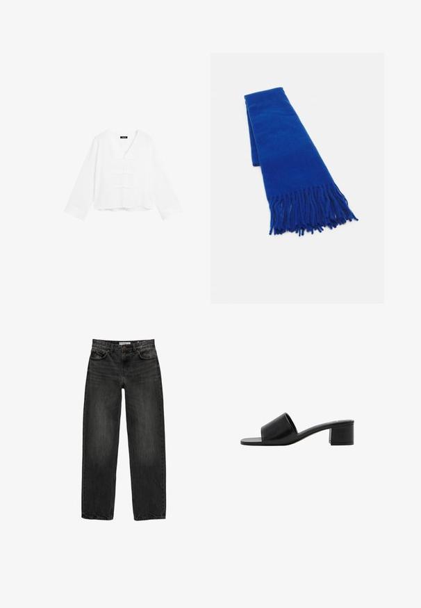 Bílá zkrácená halenka s dlouhými rukávy, výstřihem do V a dekorativními knoflíkovými zapínáními na přední straně. Hladká textura a volný střih.; Černé džíny z denimu se uvolněným střihem, rovnými nohavicemi, pětikaškovým designem a lehce vybledlým vzhledem. Zapínání na knoflík a zip v přední části.; Černé otevřené sandály na klínku z kůže s širokým páskem a pevným blokovým podpatkem. Mají hladkou strukturu a minimalistický design.; Modrá tkaná šála s třásněmi na koncích, hladká textura, obdélníkový tvar a jednotná barva po celém povrchu. Vhodná do chladného počasí.
