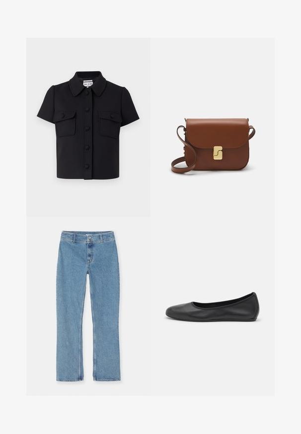 Chemise noire courte à manches courtes, avec col, boutonnage devant et deux poches poitrine. Fabriquée dans un tissu lisse et structuré.; T-shirt blanc à manches courtes en tissu côtelé. Col rond, coupe régulière et détails de couture subtils. Aucune motif ni graphique.; Jean en denim bleu clair à jambe droite avec fermeture à bouton et à fermeture éclair, passants de ceinture et couture standard sur fond blanc.; Ballerines en cuir noir avec un bout rond, texture lisse, détails de couture minimalistes et design de semelle flexible.; Sac à main en cuir marron avec une fermeture à rabat, des accents en métal doré, une bandoulière et une texture lisse. Forme rectangulaire compacte.