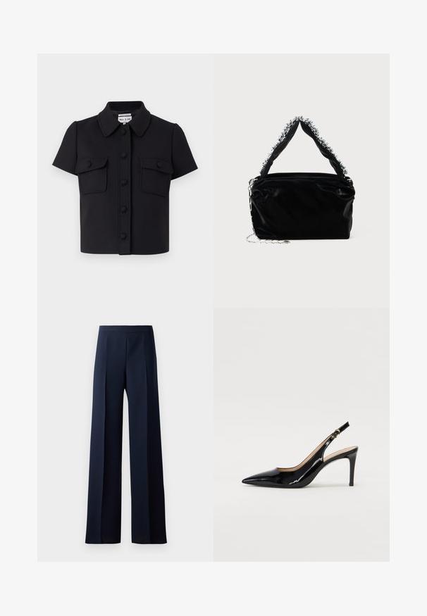 Black cropped short-sleeve shirt with a collared neck, button front, and two chest pockets. Made from a smooth, structured fabric.; Wide-leg trousers in dark navy fabric, featuring a smooth texture, subtle front pleats, and a fitted waistband for a streamlined silhouette.; Black patent leather slingback pump with pointed toe, slim heel, and a subtle cutout design. Features a gold buckle on the strap.; Black faux leather handbag with a textured finish, featuring a beaded silver accent along the top handle and a chain strap.