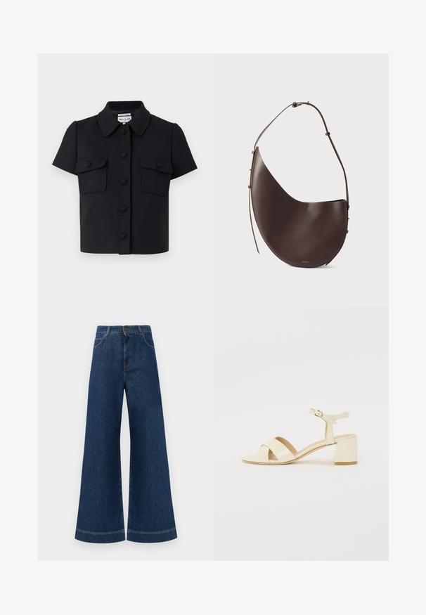 Chemise noire courte à manches courtes, avec col, boutonnage devant et deux poches poitrine. Fabriquée dans un tissu lisse et structuré.; Jeans en denim bleu à taille haute et jambes larges, avec une fermeture à bouton, des passants de ceinture et des détails de couture subtils le long des poches et des ourlets.; Sandales à talons en cuir verni beige avec un design à brides croisées, bout ouvert, bride de cheville réglable et un talon carré. Texture lisse.; Sac à main en cuir brun avec une forme incurvée, une seule sangle et un design minimaliste. Présente un logo subtil et des accents en hardware doré.