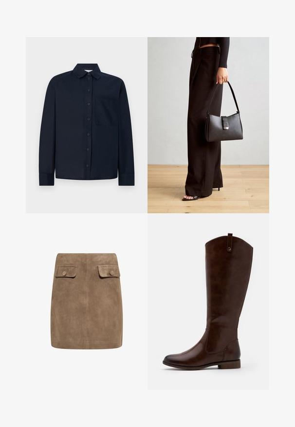 Granatowa koszula z długim rękawem, wykonana z gładkiego materiału, z zapięciem na guziki, klasycznym kołnierzykiem oraz kieszonką na piersi po lewej stronie.; Brązowa zamszowa mini spódnica o gładkiej fakturze, z dwiema przednimi kieszeniami na klapki oraz zapięciem na guziki po obu stronach. Prosty, prosty krój.; Brązowe botki za kolano wykonane z gładkiej skóry, z zaokrąglonym noskiem, niskim, klejonym obcasem oraz subtelnym wzorem przeszyć po bokach.; Czarna torebka o usztywnionym kształcie, gładkiej fakturze i metalowym zapięciem. Połączona z szerokimi czarnymi spodniami i sandałami na otwartym palcu na drewnianej podłodze.