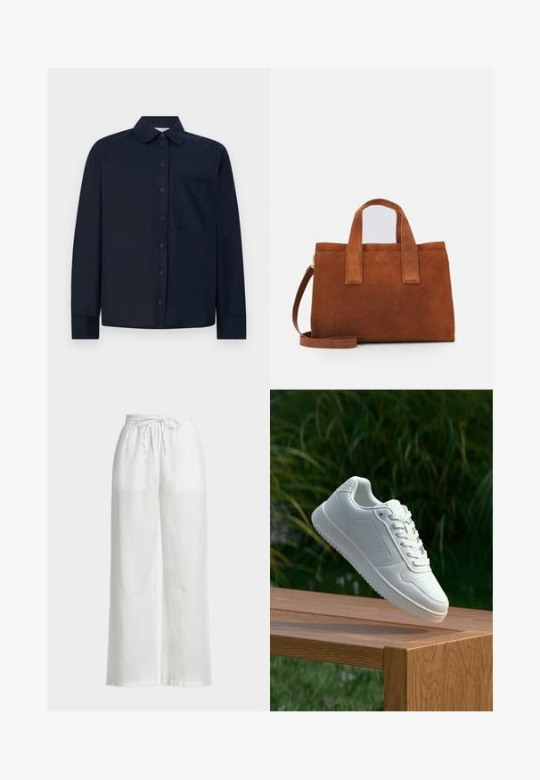 Tamsiai mėlynas ilgomis rankovėmis marškinėlis iš glotnaus audinio, su sagų užsegimu priekyje, klasikiniu apykakle ir krūtine kišene kairėje pusėje.; Duos trumpa rankovėmis marškinėliai: vieni kreminiai, o kiti mėlyni. Abu turi apvalius iškirpimus ir minkštą, lygų medvilninį audinį.; Baltos lino platėjančios kelnės su elastine juosmens juosta ir raišteliu. Savybės: lygi tekstūra ir minimalus dizainas.; Balti sneakeriai su lygia sintetine viršutine dalimi, perforuota pirštų zona, plokščiomis raištelėmis ir tekstūruotu padu, padėti ant medinės paviršiaus.; Ruda nubuko odinė rankinė su dviem viršutiniais rankenomis ir reguliuojamu peties diržu. Pasižymi struktūrine forma ir minimalistiniu dizainu.; Auksiniai auskarai su įvairiais dizainais, įskaitant studus, žiedus ir kabančius modelius su perlų ir kristalų akcentais.