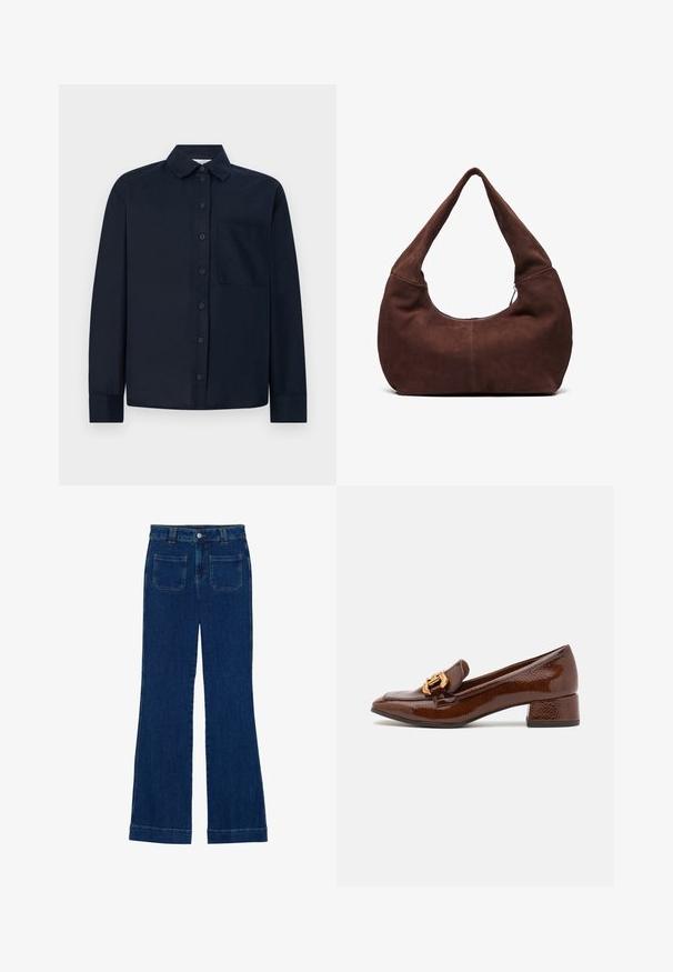 Navy long-sleeved shirt in smooth fabric, featuring a button front, a classic collar, and a chest pocket on the left side.; Three long-sleeve t-shirts: one solid burgundy, one burgundy with white stripes, and one solid white. All are made of soft, stretchable fabric.; Denim flared jeans in dark blue with a smooth texture, five-pocket design, and a button closure at the waist.; Brown leather loafers with a glossy finish, featuring a decorative gold buckle on the front and a low block heel. Classic design.; Brown suede hobo bag with a curved, wide handle and a large opening. Soft texture with visible stitching detailing along the edges.