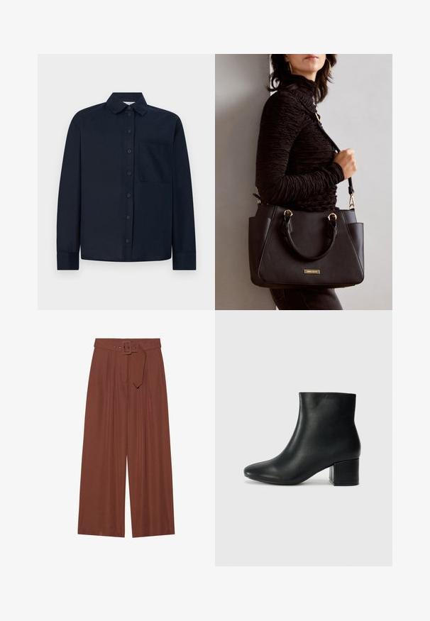 Mornarsko modra majica z dolgimi rokavi iz gladkega materiala, s sprednjimi gumbi, klasičnim ovratnikom in žepom na levi strani.; Široke hlače iz rjavega blaga, ki vključujejo pas s kvadratno zaponko, nabran dizajn in gladko teksturo.; Črne usnjene gležnjarje s koničastim nosom in debelim peto. Gladka tekstura z minimalnimi detajli in eleganten, prilegajoč dizajn.; Črna torbica z teksturirano površino, z dvema zgornjima ročajema in nastavljivim ramenskim pasom. Ima zlatovrateče dodatke in stranske žepe.
