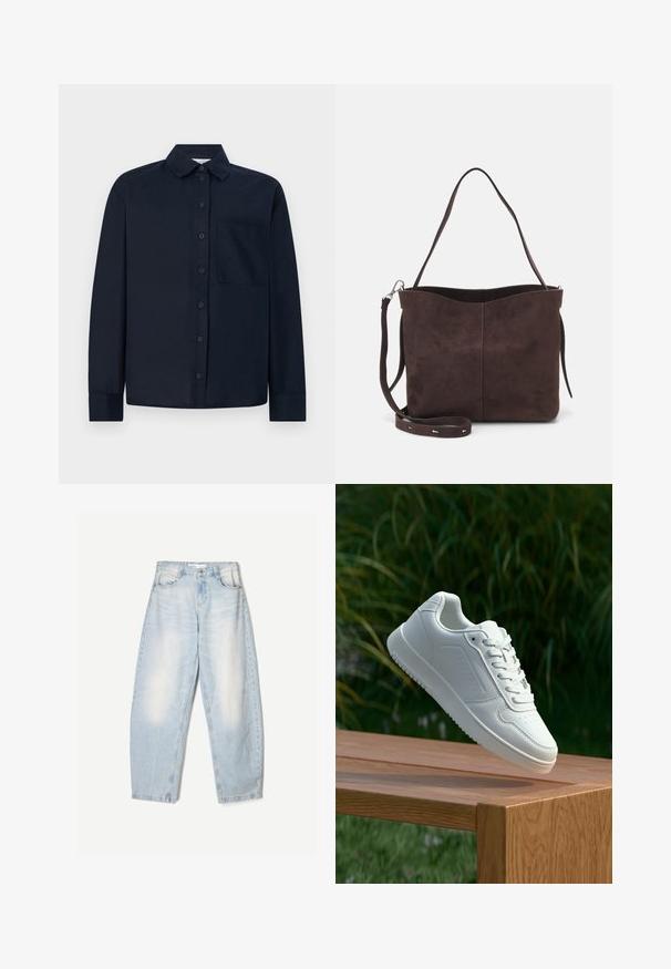 Marinblå långärmad skjorta i slät tyg, med knäppning fram, klassisk krage och en bröstficka på vänster sida.; Ljust blå denimjeans med en lös passform, med en urblekt finish, två framfickor och en knappstängning vid midjan.; Vita sneakers med en slät syntetisk ovandel, perforerat tåparti, platta snören och en strukturerad sula, placerade på en träyta.; Brun mockakläd väska med en mjuk textur, med en ensam axelrem och en subtilt rundad öppning upptill. Inga synliga detaljer i metall.