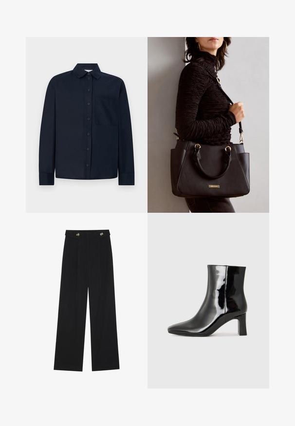Mornarsko modra majica z dolgimi rokavi iz gladkega materiala, s sprednjimi gumbi, klasičnim ovratnikom in žepom na levi strani.; Črne široke hlače s visokim pasom, gumbnimi detajli na pasu in sprednjimi gubami.; Črne lakirane gležnjarje z ošiljenim nosom in srednje visokim blokastim peto. Gladka tekstura in minimalističen dizajn.; Črna torbica z teksturirano površino, z dvema zgornjima ročajema in nastavljivim ramenskim pasom. Ima zlatovrateče dodatke in stranske žepe.
