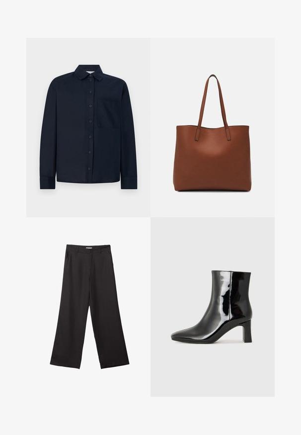 Mornarsko modra majica z dolgimi rokavi iz gladkega materiala, s sprednjimi gumbi, klasičnim ovratnikom in žepom na levi strani.; Črne široke hlače iz gladkega materiala, z sprednjim zadrgo in dvema stranskima žepoma, s prilagojenim krojem in minimalističnim dizajnom.; Črne lakirane gležnjarje z ošiljenim nosom in srednje visokim blokastim peto. Gladka tekstura in minimalističen dizajn.; Rjava usnjena torba z gladko teksturo, odprto zasnovo zgoraj in dvema naramnima trakovoma. Opremljena je z minimalnim šivanjem in brez vidnih kovinskih delov.